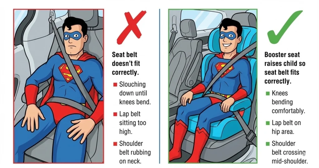 Infographic using a superhero character to illustrate correct and incorrect seat belt fit, showing how a booster seat helps children meet safety standards like Alabama Car Seat Laws.