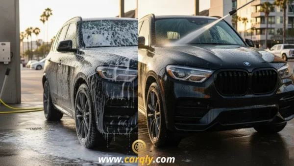 BMW being washed with soap and water at a Car Wash Near Me Self Car Wash.