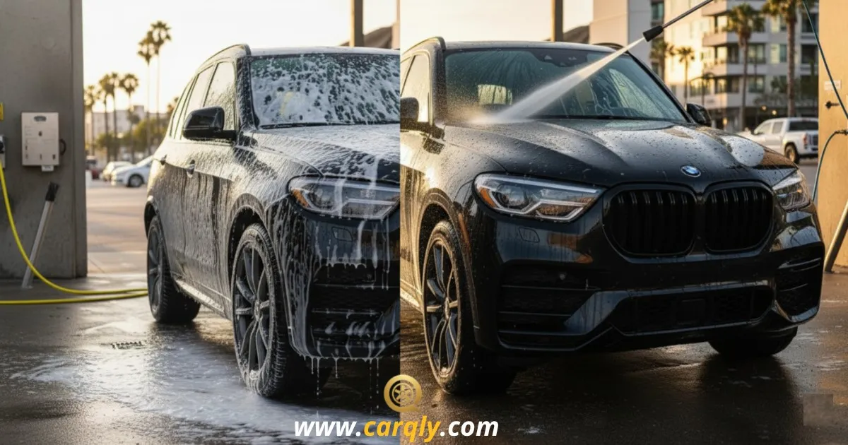 BMW being washed with soap and water at a Car Wash Near Me Self Car Wash.