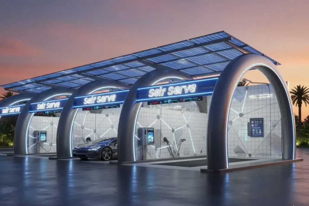 Futuristic self-service car wash station