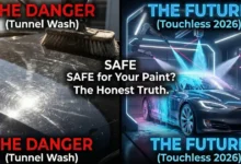 A split-screen comparison image showing paint swirl marks from a tunnel wash on the left versus a safe, futuristic Touchless Car Wash on the right.