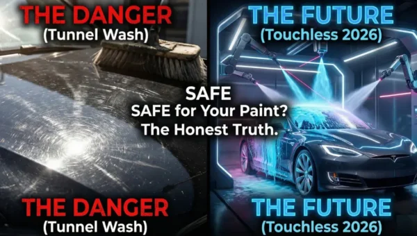 A split-screen comparison image showing paint swirl marks from a tunnel wash on the left versus a safe, futuristic Touchless Car Wash on the right.