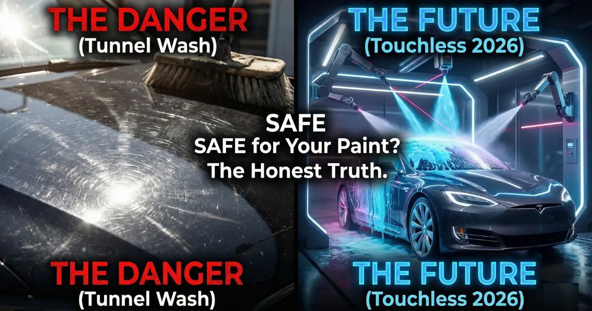 A split-screen comparison image showing paint swirl marks from a tunnel wash on the left versus a safe, futuristic Touchless Car Wash on the right.