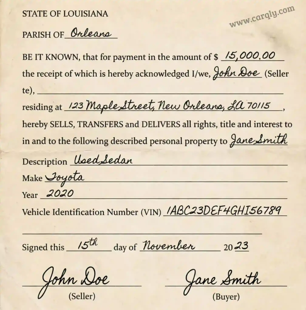 Sample of a Louisiana Bill of Sale