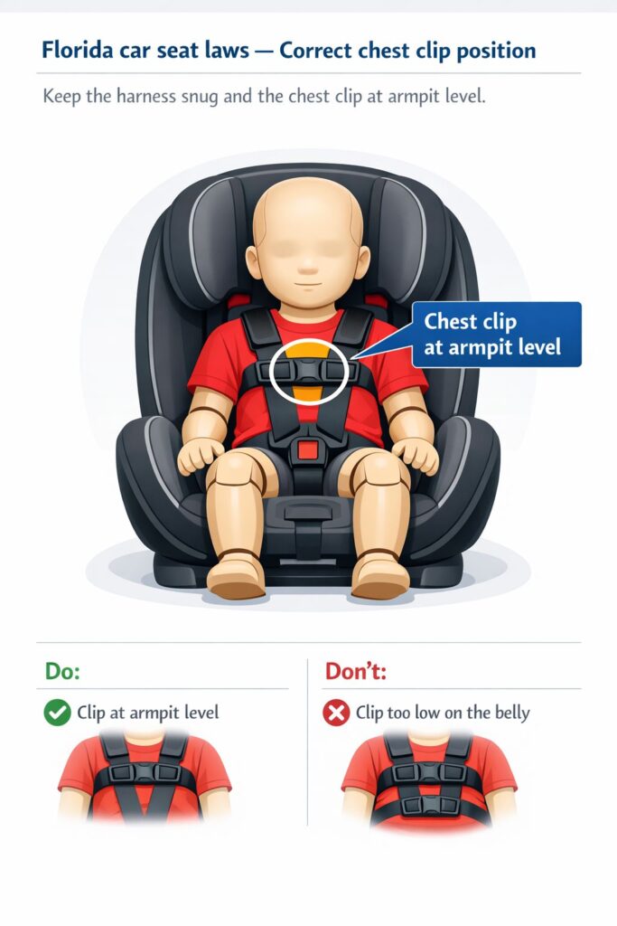 Florida car seat laws: correct chest clip position at armpit level