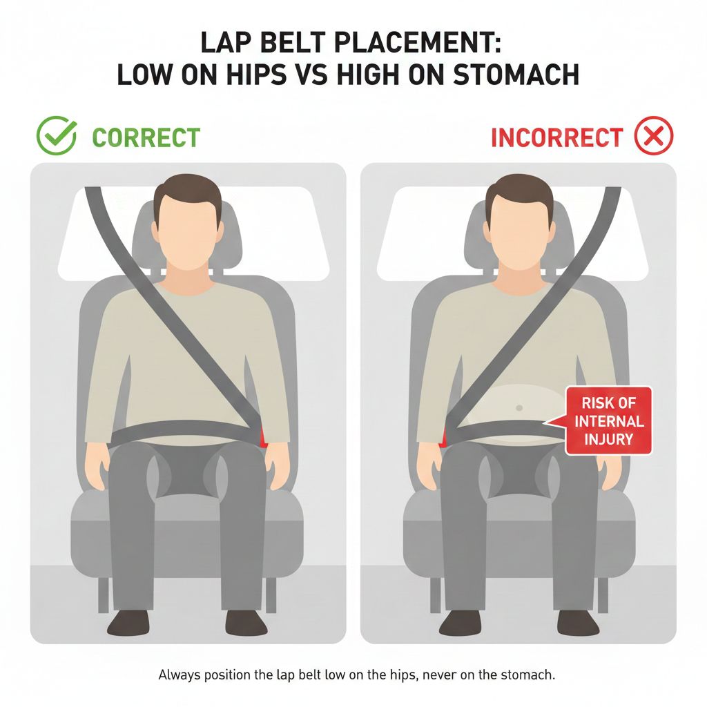 lap belt placement low on hips vs high on stomach