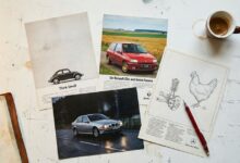 Car advertisements on a table.