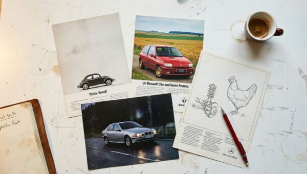 Car advertisements on a table.