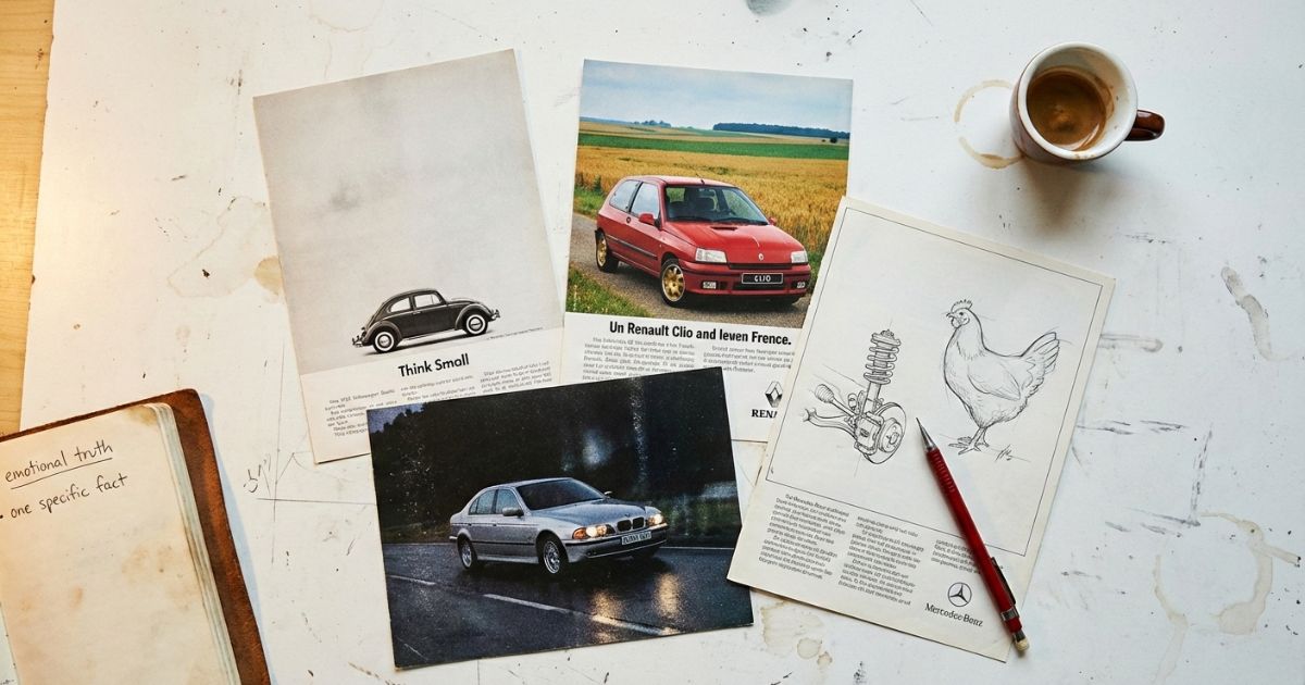 Car advertisements on a table.